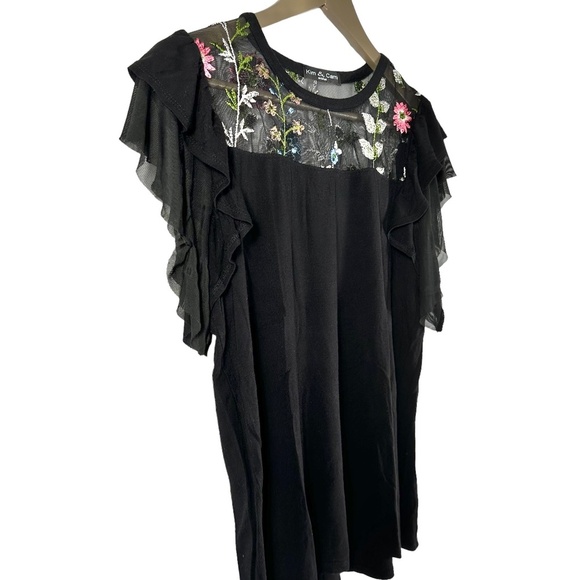 Women's | Kim & Cami | Black Embroidered Floral Butterfly Sleeve Sheer Top - Picture 2 of 8